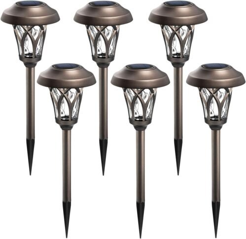 GIGALUMI 6 Pack, Solar Landscape Lights Warm White, Super Bright High Lumen Waterproof Metal Automatic Solar Pathway Yard Lights for Path, Garden, Lawn, Patio and Walkway