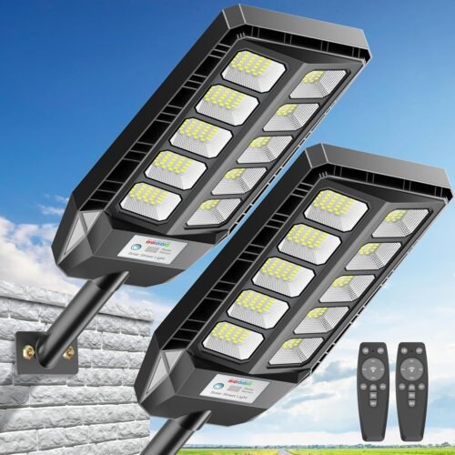 Solar Lights Outdoor, IP66 Waterproof Street Lights Outdoor, 6500K Dusk to Dawn Solar Security Flood Lights Motion Sensor with Remote Control for Yard, Entryway Garage, Porch 2 Pack