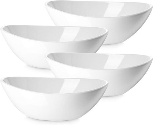 DOWAN 9.25″ Serving Bowls, Large Oval Serving Dishes for Wedding and Dinner Parties, 35 Oz for Salad, Side Dishes, Pasta, Oval Shape, Microwave & Dishwasher Safe, Set of 4, Soft White