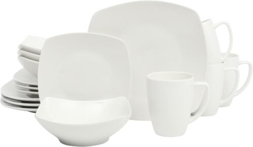 Gibson Home Zen Buffet Porcelain Chip and Scratch Resistant Dinnerware Plates, Bowls, and Mugs Set, Service for 4 (16pcs), White (Square Dishes)
