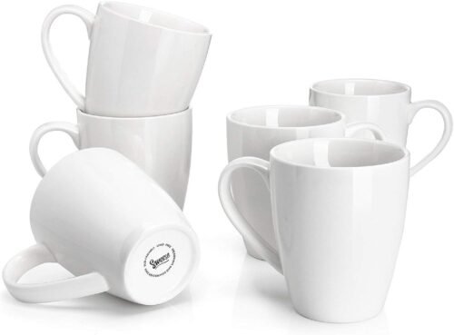 Sweese Porcelain Coffee Mugs – 16 Ounce – Set of 6, Cups for Latte, Hot Tea, Cappuccino, Mocha, Cocoa, White