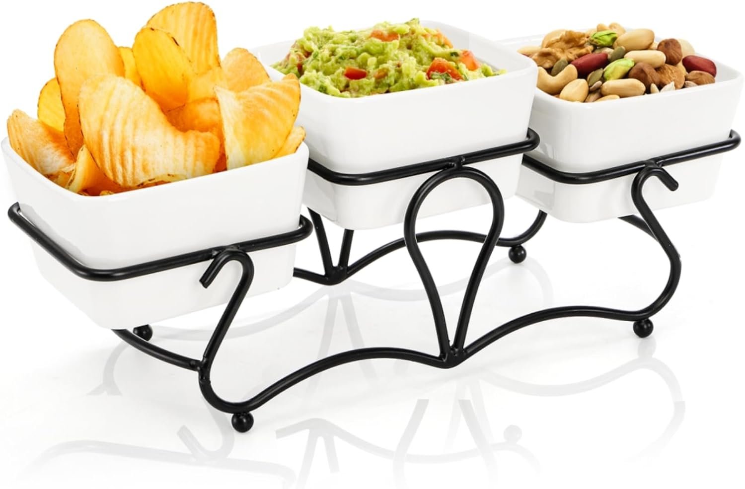 10 OZ Square Bowl Chip & Dip Serving Set, 3 Pieces Ceramic Condiment Server with Metal Stand, Serving Dish Tray for Party Entertaining, Small Snack Platters for Side Dish Appetizer Nuts