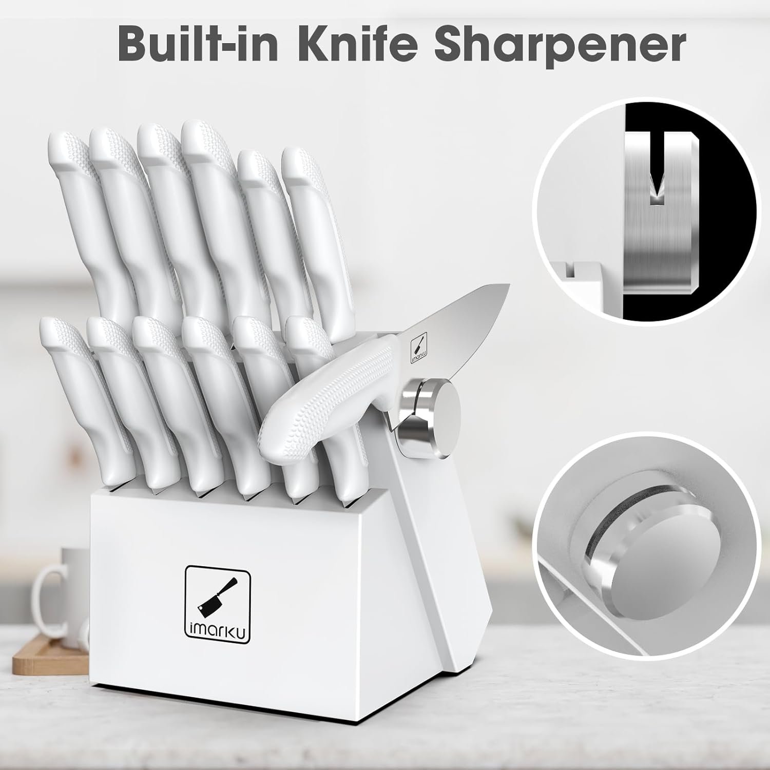 imarku Knife Set With Block, White Knife Sets, Knife Block Set, 14pcs Stainless Steel Kitchen Knife Set, Kitchen Essentials for New Home, Apartment Essentials, Built-in Sharpener, Dishwasher Safe - Image 2