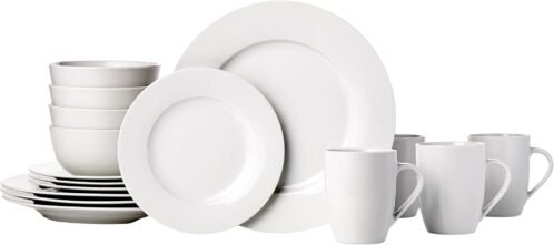 Amazon Basics 16-Piece Porcelain Kitchen Dinnerware Set with Plates, Bowls and Mugs, Service for 4 – White