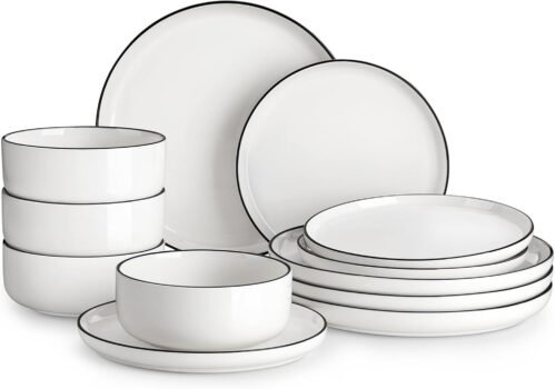 MALACASA Plates and Bowls Sets, 12 Pieces Modern Porcelain Dinnerware Set for 4 White Kitchen Dinner Dining Ware Set wtih Black Rim Ceramic Dishware Dishes Microwave and Dishwasher Safe, Series LUNA