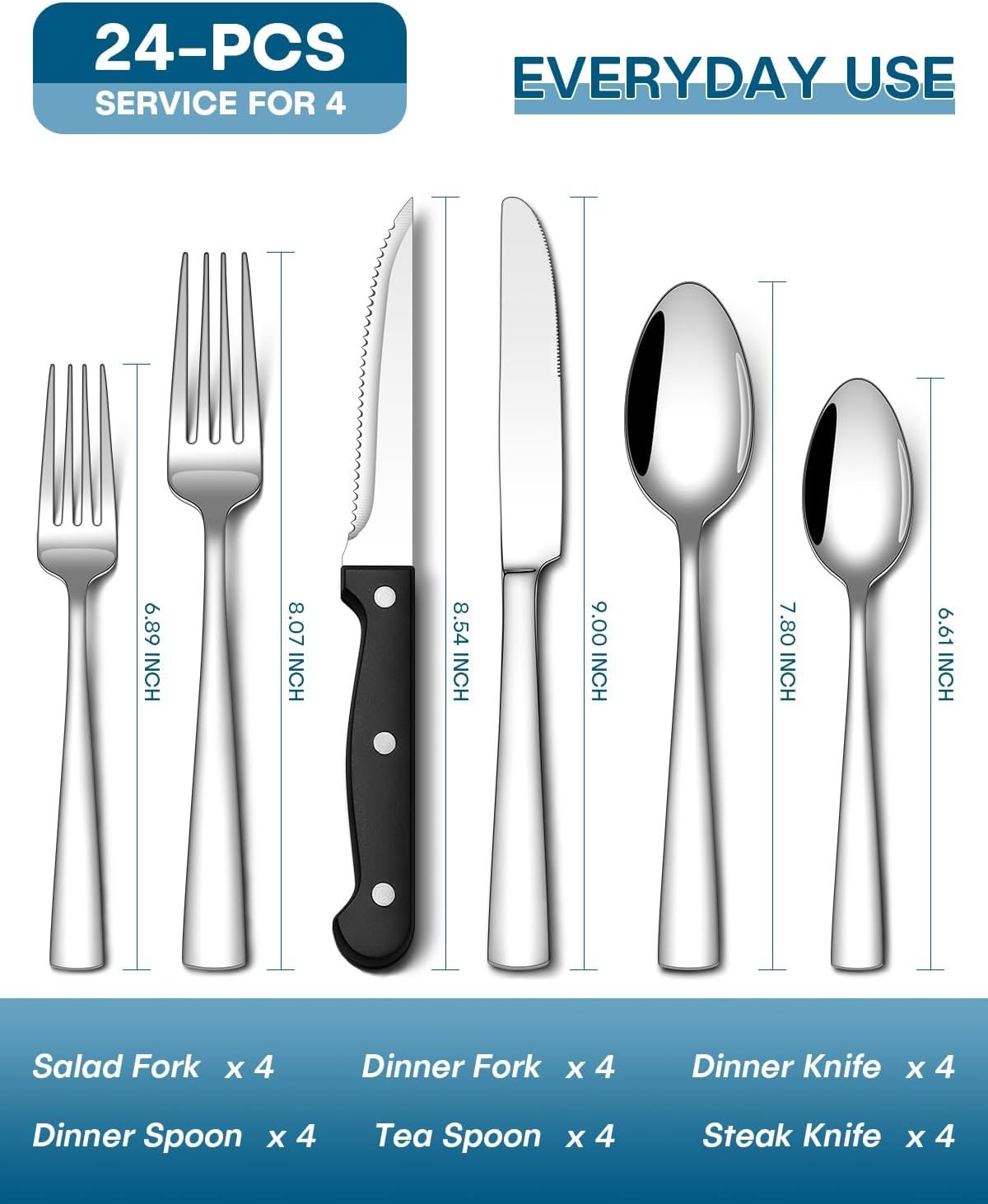 Stapava 24-Piece Silverware Set with Steak Knives, Food-Grade Stainless Steel Flatware Set for 4 Mirror Polished Cutlery Utensil Sets Include Forks Spoons and Knives Set Dishwasher Safe - Image 2