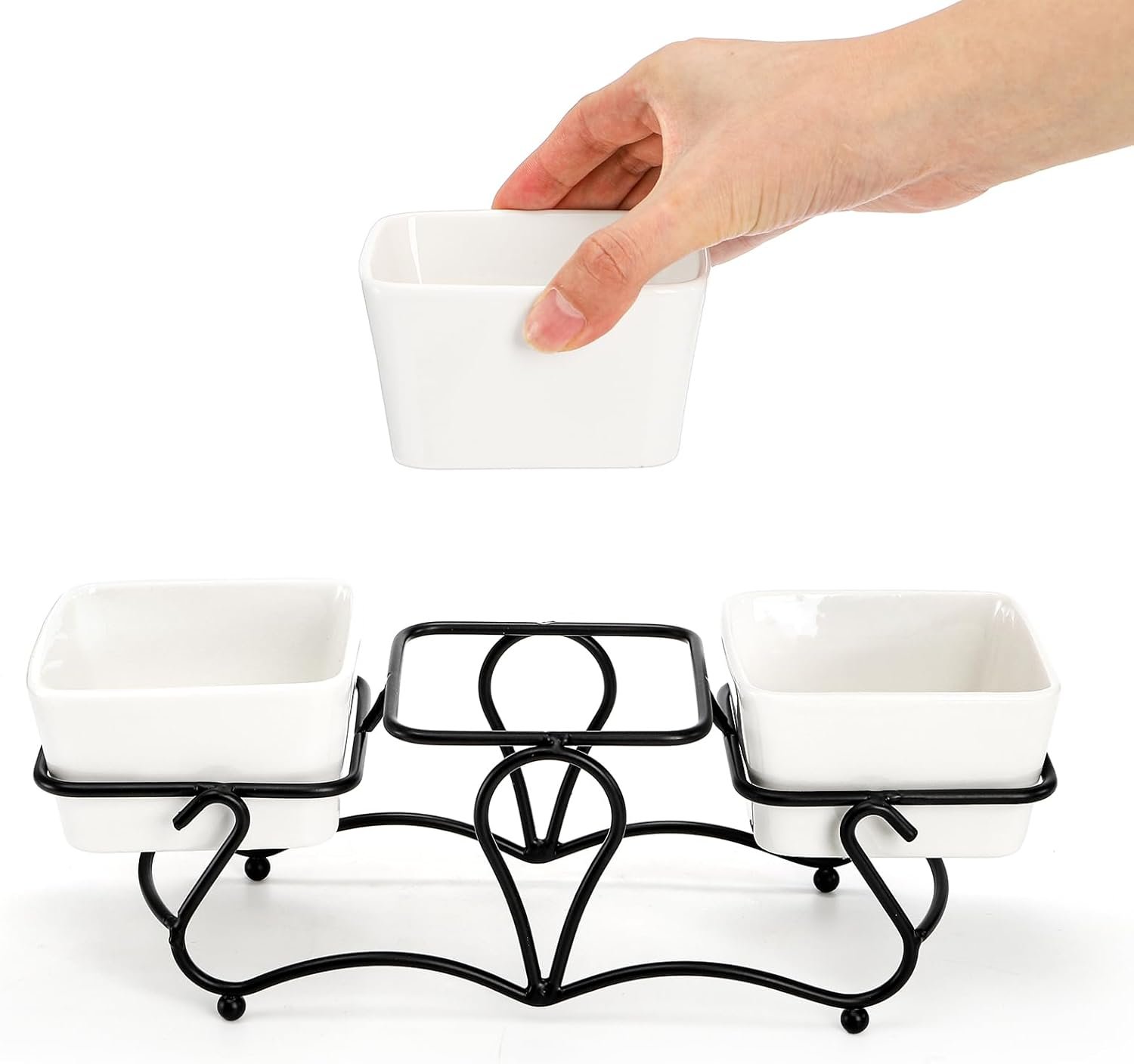 10 OZ Square Bowl Chip & Dip Serving Set, 3 Pieces Ceramic Condiment Server with Metal Stand, Serving Dish Tray for Party Entertaining, Small Snack Platters for Side Dish Appetizer Nuts - Image 3