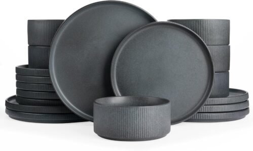 famiware Star Plates and Bowls Sets, Modern Stoneware Dinnerware Sets for 6, 18-Piece Kitchen Dish Set – Chip and Scratch Resistant, Microwave and Dishwasher Safe Tableware, Matte Dark Charcoal