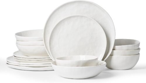Famiware Porcelain kitchen plates and bowls set, Modern dishes set for 4, Handmade Wave Edge Dinnerware Sets, Microwave and Dishwasher Safe Tableware, Polar White (16pc)