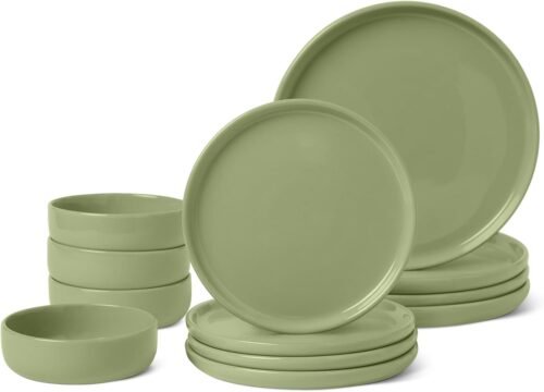 Amazon Basics Glazed Stoneware Dinnerware, Ceramic 12-Piece Set, 4 Full Place Settings, Dishwasher-Safe, Olive