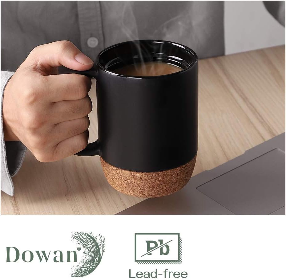 DOWAN Coffee Mugs, 15 oz Mug Set of 2, Large Ceramic Coffee Mug with Cork Bottom and Spill Proof Lid for Mom Dad, Big Mug for Latte Tea, Matte Grey - Image 5