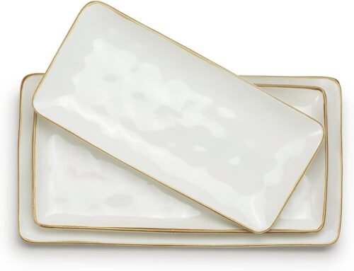 Famiware Serving Platter, Rectangular 15.67/14.1/12.6inch Serving Dishes for Entertaining, Microwave Dishwasher Safe, Stoneware Serving Trays for Party, Turkey, Cheese, Ocean Series, Vanilla White