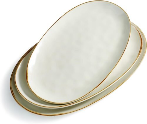 famiware Serving Platter, Oval 15.59/14.3/12.9inch Serving Dishes for Entertaining, Serving Bowls, Microwave Safe, Stoneware Serving Trays for Party, Food, Turkey, Cheese, Ocean Series, Vanilla White