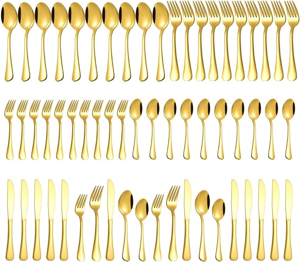 Gold Silverware Set for 12, Compralo 60 Pieces Stainless Steel Shiny Gold Flatware Set, Cutlery Tableware Set Include Spoons, Forks, Knives for Home and Restaurant