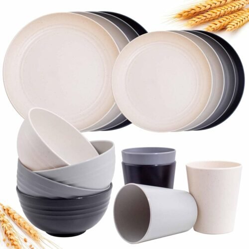 Rubtlamp Wheat Straw Dinnerware Sets, 16PCS Plastic Dinnerware Set for 4, Wheat Straw Plates and Bowls Sets, Unbreakable Dinnerware Plastic Microwave Safe Dishes Set for Kitchen&Camping