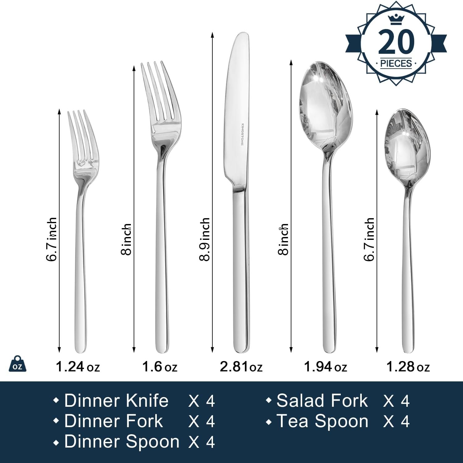 KINGSTONE Silverware Set, 20 Piece Flatware Cutlery Set for 4, 18/10 Stainless Steel Silverware Mirror Polished Dishwasher Safe for Home, Restaurant, Wedding, Party(Silver, 20 pieces for 4) - Image 4