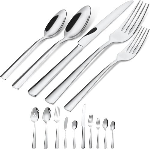 45-Piece Flatware Sets, Silverware Set for 8, Durable Stainless Steel Tableware in Ergonomic Design Size and Weight, Kitchen Utensils Set with Steak Knives, Rust-proof, Dishwasher Safe