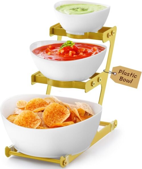 Lifewit 3 Tier Plastic Serving Bowls with Metal Stand, Chips and Dip Serving Tray Set for Entertaining Party, Crack-Proof Serving Platters for Fruit/Salad/Snack/Dessert Appetizer/Candy, Gold