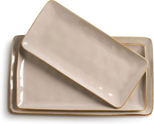 famiware Serving Platter, Rectangular 15.67/14.1/12.6 inch Serving Dishes for Entertaining, Microwave Dishwasher Safe, Stonware Serving Trays for Party, Turkey, Cheese, Ocean Series, Cinnamon Brown