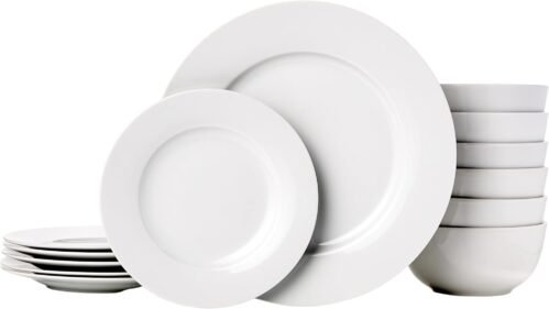 Amazon Basics Kitchen Dinnerware Set, Microwave and Dishwasher Safe, Plates, Bowls, Service for 6, 18-Piece, White
