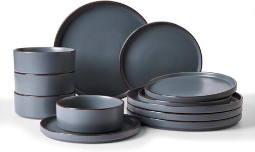 Famiware Nebula Ridge Stoneware Dinnerware Sets, Plates and Bowls Sets for 4, 12 Pieces Dishes Set, Microwave and Dishwasher Safe Kitchen Plates, Charcoal