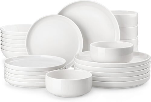 MALACASA Plates and Bowls Sets, 24 Pieces Modern Porcelain Dinnerware Set for 6 Ceramic Dishware Dishes White Kitchen Dinner Dining Ware Set Microwave and Dishwasher Safe, Series LUNA