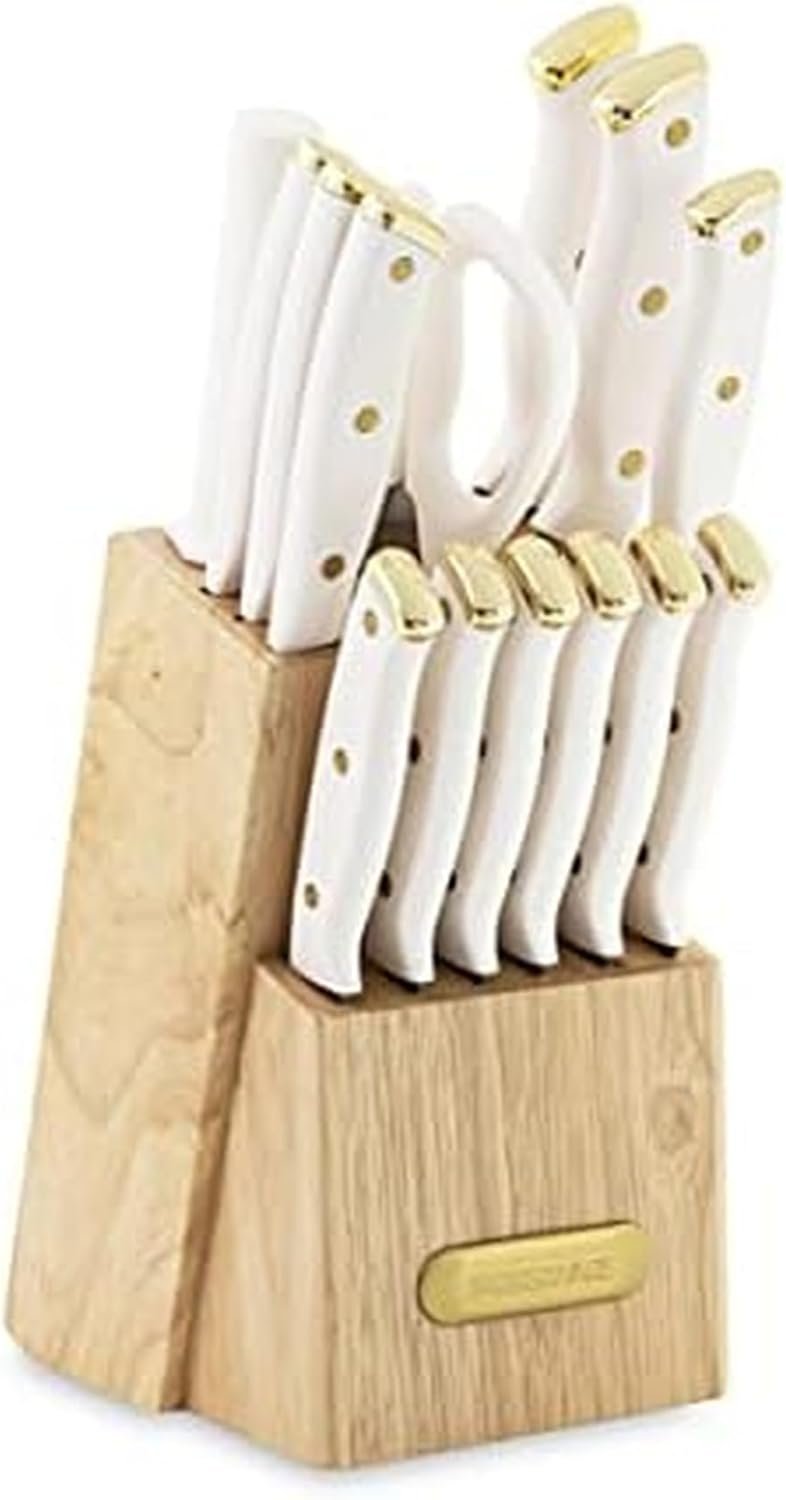 FARBERWARE 15-Piece Knife Block Set, Triple-Riveted High-Carbon Stainless Steel Kitchen Knives, Razor Sharp Blades, Wood Storage Block, White/gold