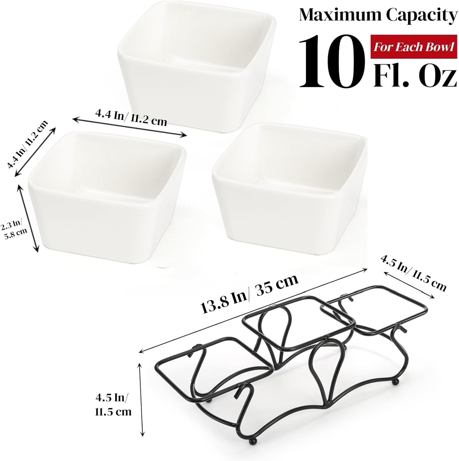10 OZ Square Bowl Chip & Dip Serving Set, 3 Pieces Ceramic Condiment Server with Metal Stand, Serving Dish Tray for Party Entertaining, Small Snack Platters for Side Dish Appetizer Nuts - Image 2