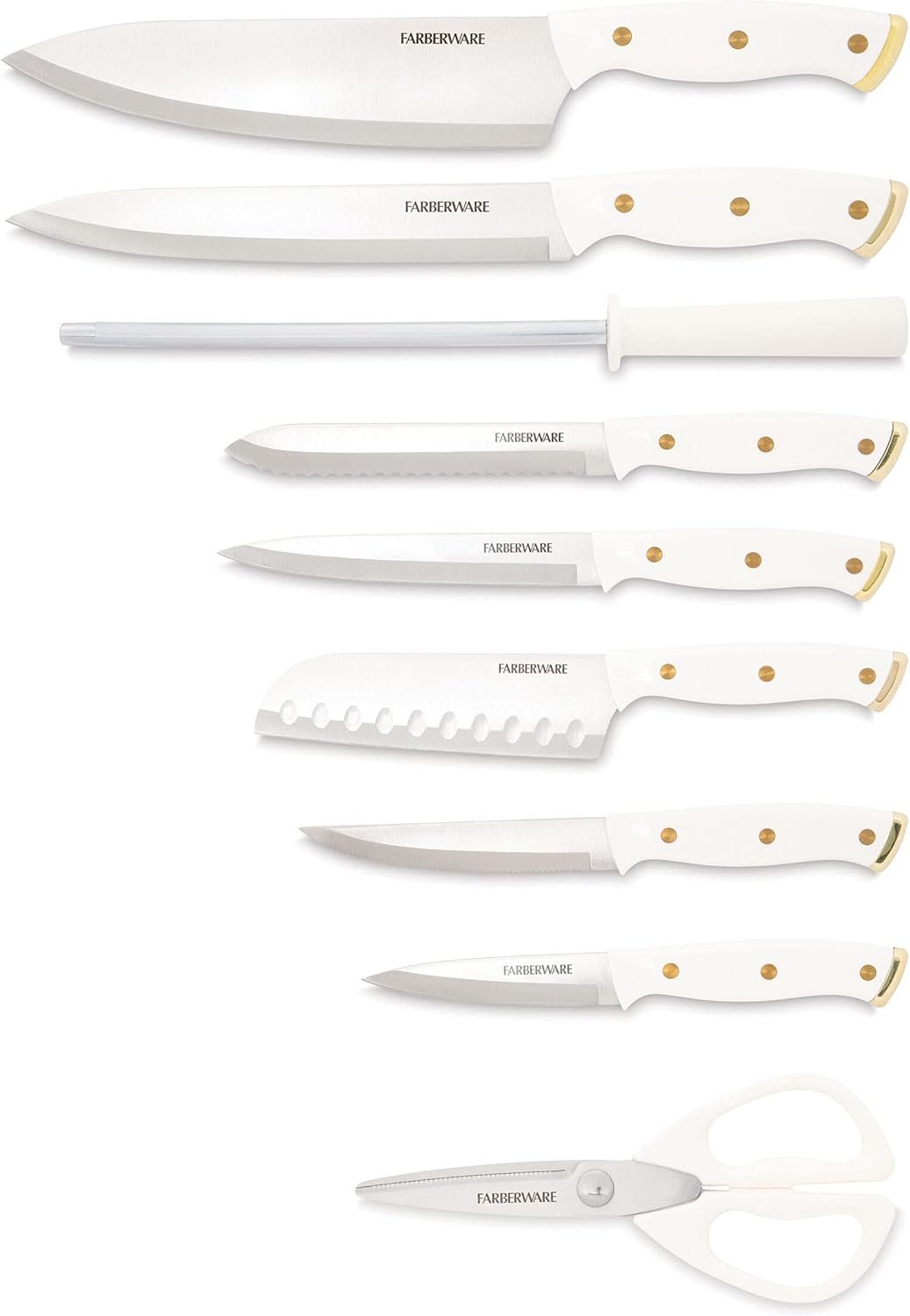 FARBERWARE 15-Piece Knife Block Set, Triple-Riveted High-Carbon Stainless Steel Kitchen Knives, Razor Sharp Blades, Wood Storage Block, White/gold - Image 2