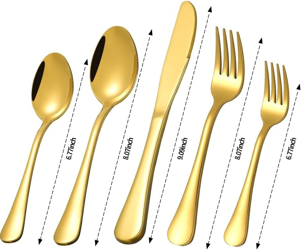 Gold Silverware Set for 12, Compralo 60 Pieces Stainless Steel Shiny Gold Flatware Set, Cutlery Tableware Set Include Spoons, Forks, Knives for Home and Restaurant - Image 2