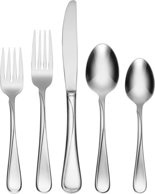 Oneida Silverware Set For 8, Flight 45-Piece Everyday Flatware Set with Serving Utensils, Service For 8, 18/0 Stainless Steel, Dishwasher Safe, Knives Spoons and Forks Set, Dining (Silver, 45 pieces)