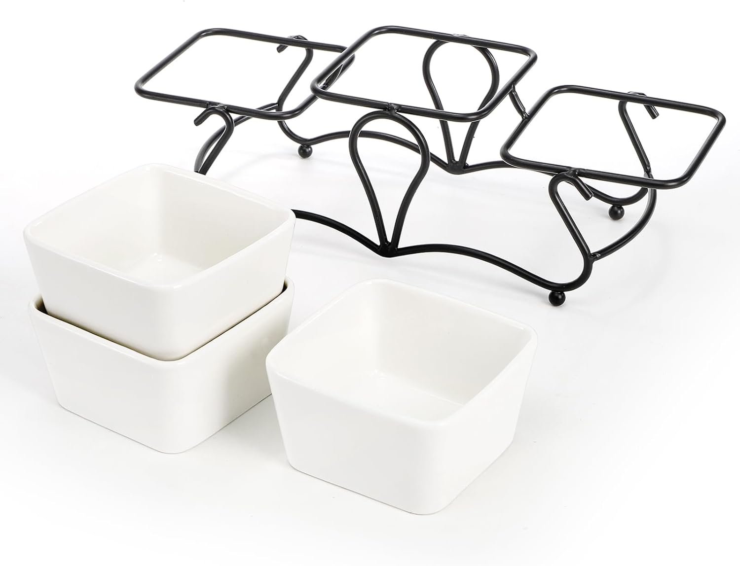 10 OZ Square Bowl Chip & Dip Serving Set, 3 Pieces Ceramic Condiment Server with Metal Stand, Serving Dish Tray for Party Entertaining, Small Snack Platters for Side Dish Appetizer Nuts - Image 8