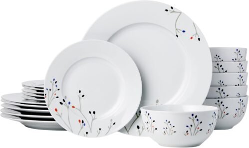 Amazon Basics Dinnerware Set, Microwave and Dishwasher Safe, Service for 6, 18-Piece Complete Kitchen, Plates, Dishes, Bowls, Branches
