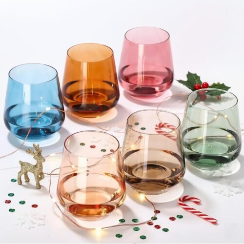 Stemless Wine Glasses Set 6【Colored Wine Glasses Stemless】 Multi Color Short Tumbler【14oz】 Colored Glassware for Wine or Soft Drinks,Unique Wine Gifts for Women Birthday Wedding