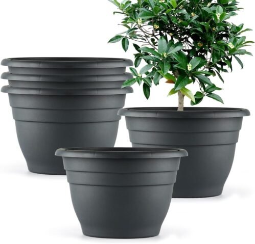 Plant Pots Set of 5, 10″ Outside Diameter Flower Pots, 8.5″ Inner Diameter Planters with Drainage Hole, Durable Garden Pots Perfect for Indoor & Outdoor Plant Planting, Decor, Gray