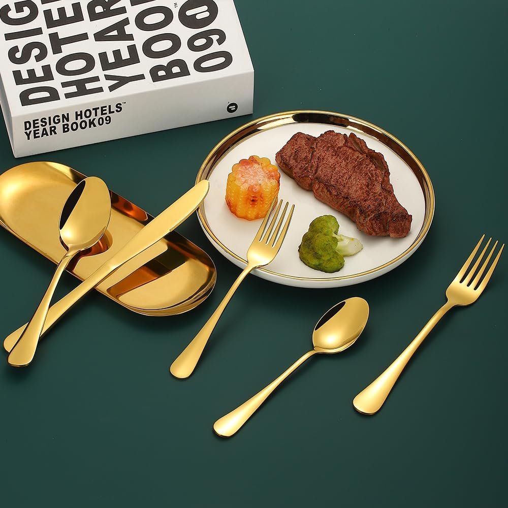 Gold Silverware Set for 12, Compralo 60 Pieces Stainless Steel Shiny Gold Flatware Set, Cutlery Tableware Set Include Spoons, Forks, Knives for Home and Restaurant - Image 6