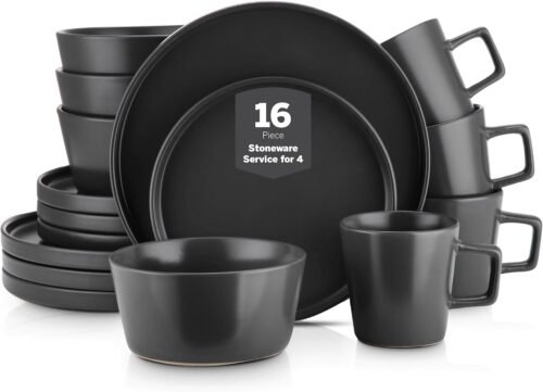 Stone Lain Celina Stoneware 16 Piece Dinnerware Set, Plates and Bowls, Black Matte Dish, Service for 4 – Minimalist Round Style, Microwave & Dishwasher Safe