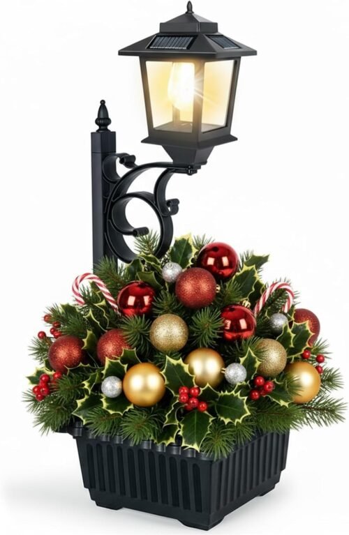 PASAMIC 2 in 1 Outdoor Flower Pots for Real or Fake Flowers, Solar Lamp Post Lights – Wall Mount or Freestanding, Waterproof Decorative Lamp for Lawn, Patio, Front/Back Door