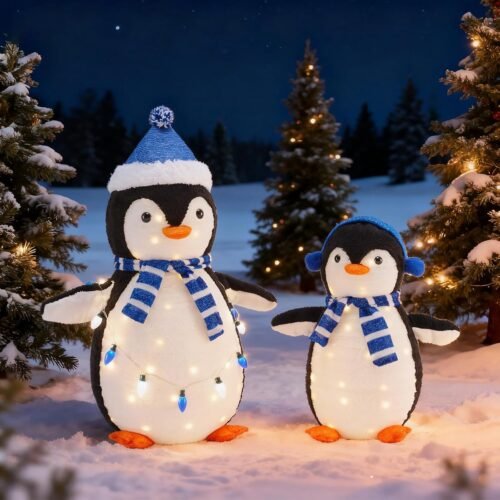 DUMOS 2-Piece Lighted Penguin Family Outdoor Christmas Decoration, Pop up Holiday Decor with 150 LED Lights for Yard, Garden, Storefront, Blue
