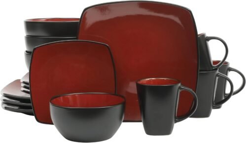 Gibson Elite Soho Lounge Square 16-Piece Dinnerware Set, Service for 4, Reactive Glaze Stoneware Plates and Bowls, Modern Dishes, Microwave & Dishwasher Safe – Red and Black