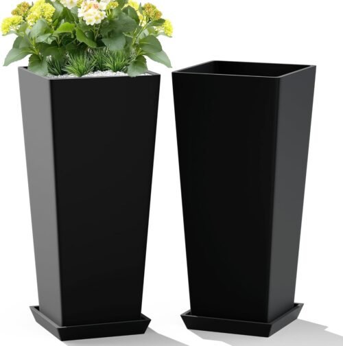 Set of 2 Large Tall Planter for Indoor or Outdoor 24″ Flower Pots Tapered Tall Planters with Tray for Porch, Patio, Backyard, Large Planters for Outdoor Indoor Plants(Black)