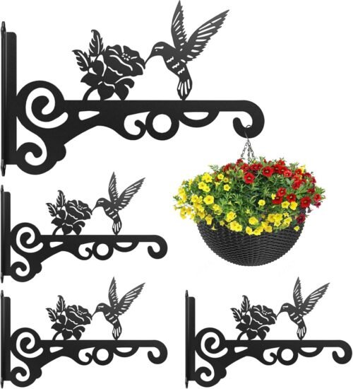 4-Pack Aesthetic Wall Plant Hanger Indoor and Outdoor – 10 Inch Metal Hanging Plant Bracket with Beautiful Bird Pattern – Heavy Duty Plant Hooks for Hanging Plants, Bird Feeder, Wind Chime, Lantern
