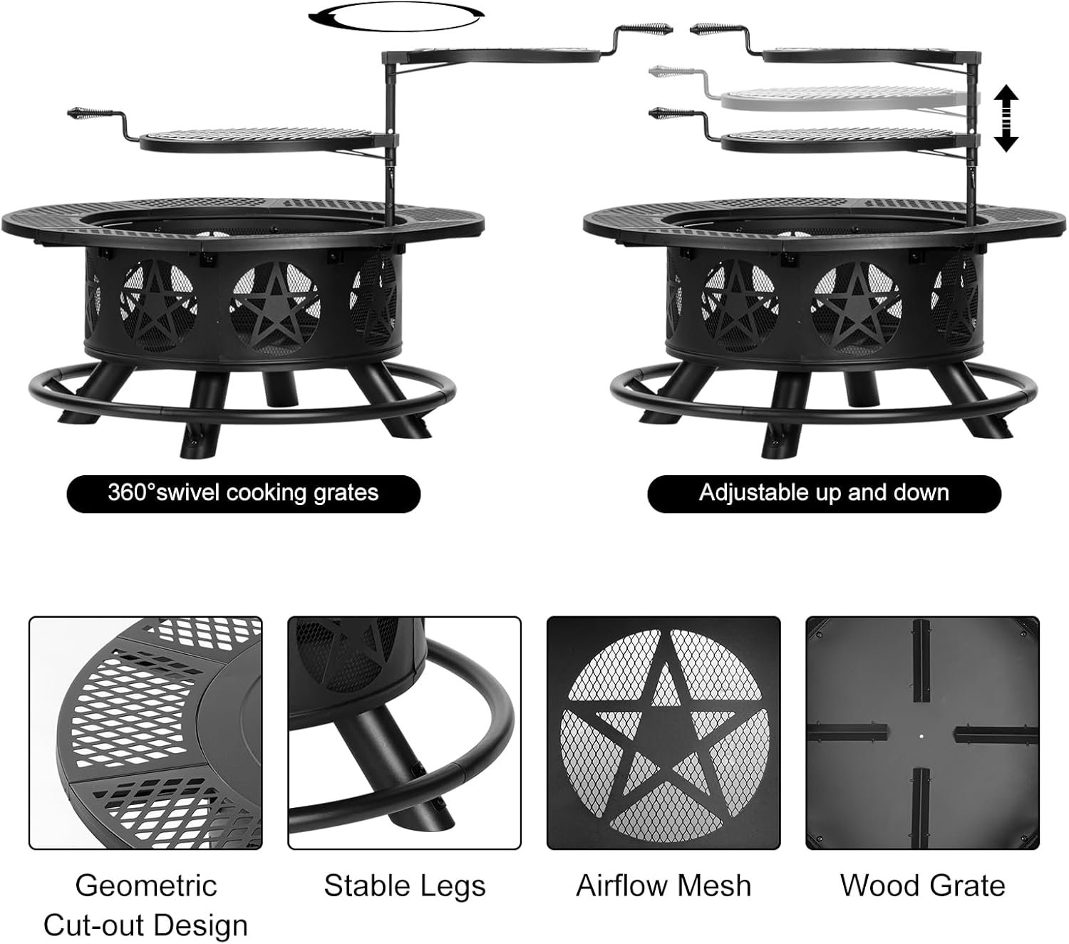 36 Inch Fire Pit with 2 Grills, Wood Burning Fire Pits for Outside with Lid & Poker, BBQ& Outdoor Firepit & Round Metal Table 3 in 1 for Patio, Picnic, Party - Image 6
