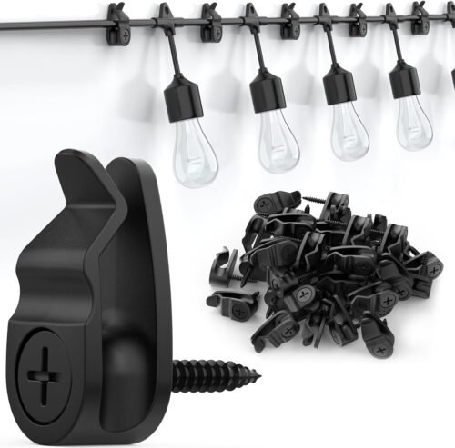 Outdoor String Lights Clips, Weatherproof Cable Hanger Hooks for Hanging Fairy Lights, Holiday Decor – Black, 50 Pack