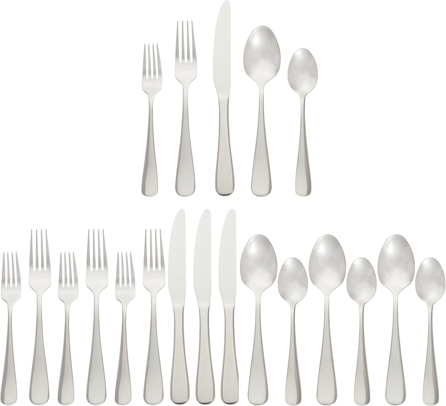 Amazon Basics Silverware Set, Stainless Steel Flatware, Dishwasher Safe, Service for 4, 20-Piece Forks and Spoons, Round Edge