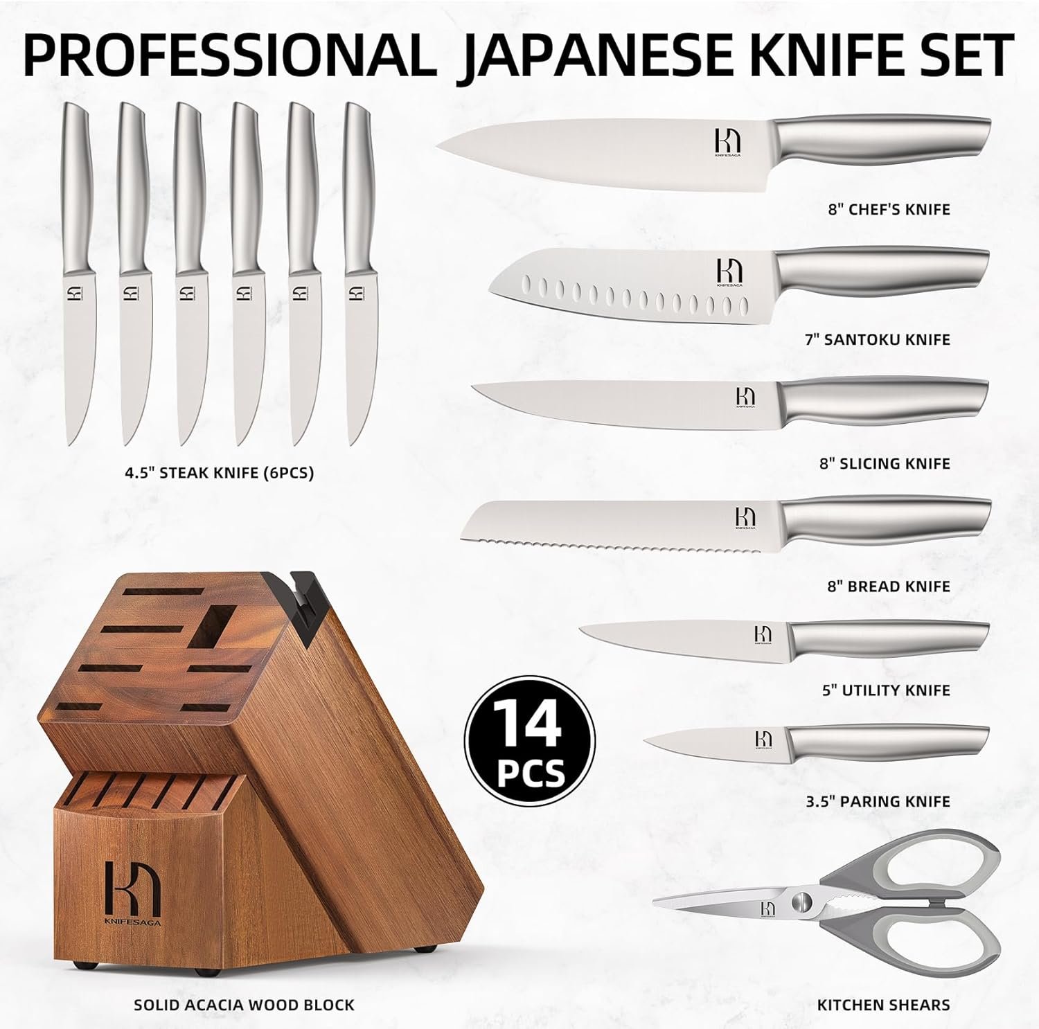 Kitchen Knife Set 14 Piece Premium Japanese High Carbon Stainless Steel Knife Block Sets with Built-in Sharpener, Razor Sharp Knives Set for Kitchen, Quality Acacia Wood Block Knife Set - Image 6