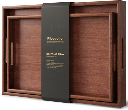 Bamboo Set of 2 Serving Tray with Handles,Decorative Trays Platter,Breakfast Tray in Bed,Food Drinks Tray for Eating,Working,Storing(Brown)