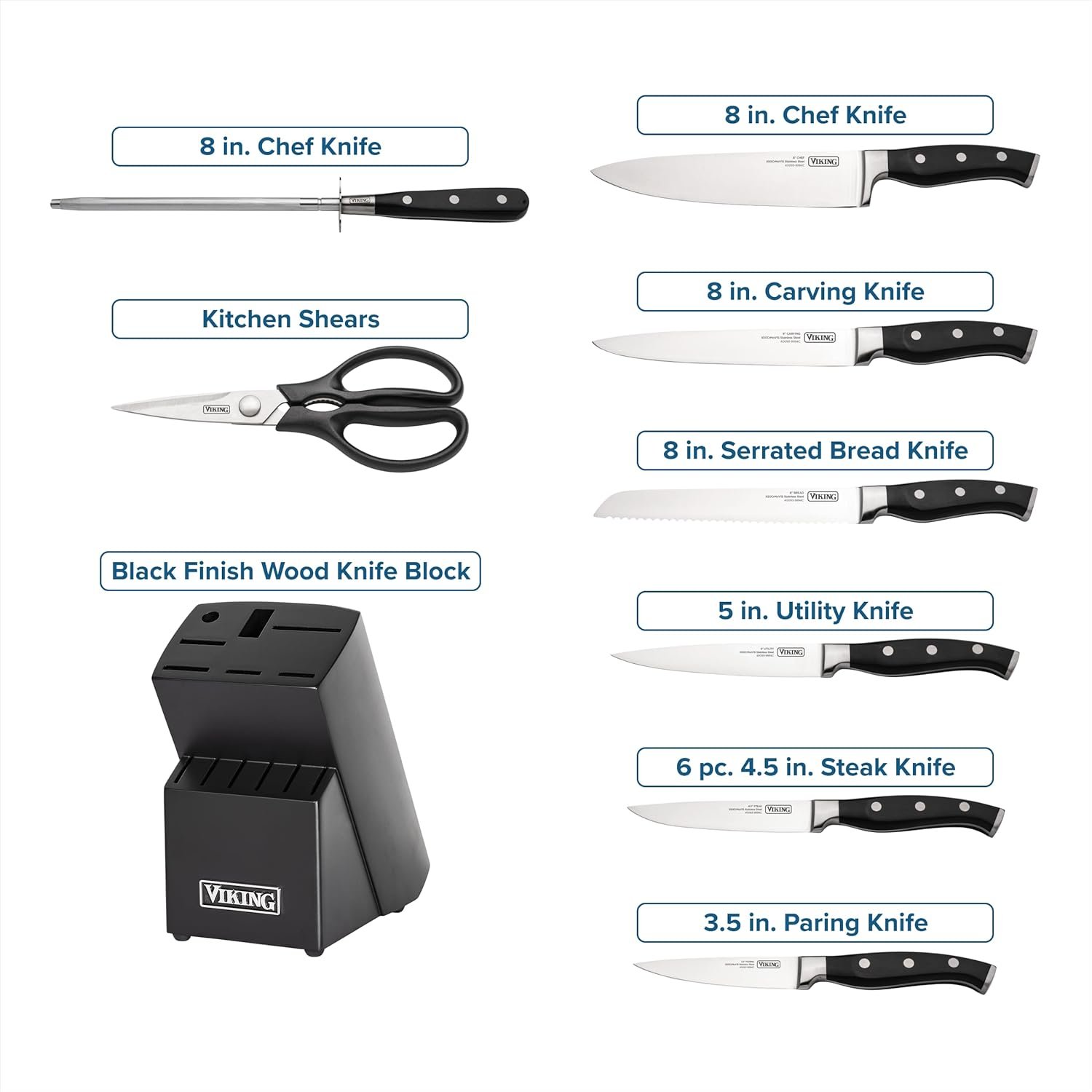 Viking Kitchen Knives Set, 14 Piece Cutlery Set with Black Knife Block, Stainless Steel Blades and Ergonomic Handles, Dishwasher Safe - Image 4