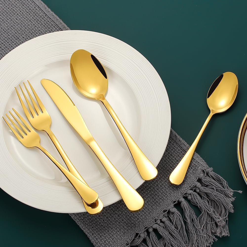 Gold Silverware Set for 12, Compralo 60 Pieces Stainless Steel Shiny Gold Flatware Set, Cutlery Tableware Set Include Spoons, Forks, Knives for Home and Restaurant - Image 4