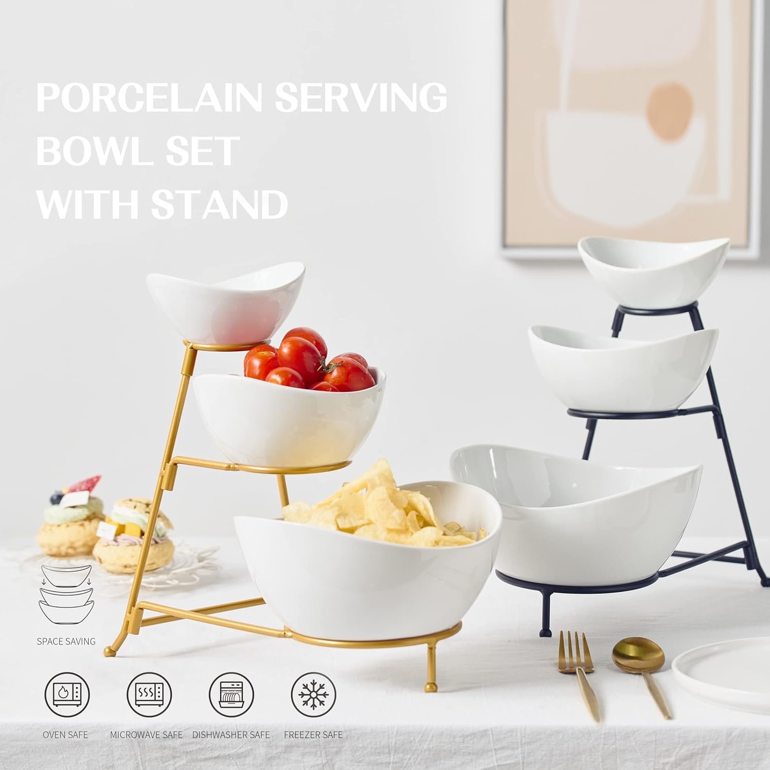 Gomakren 3 Tiered Oval Serving Bowl With Collapsible Metal Rack, Chip and Dip Serving Set, Dessert Appetizer, Candy, Fruit, Vegetable Bowl Set, Christmas Serving Bowls For Entertaining (Black Stand) - Image 8